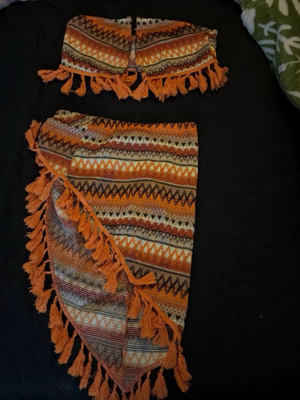 SHEIN Orange Multicolor Tassel Asymmetrical Wrap Skirt Set